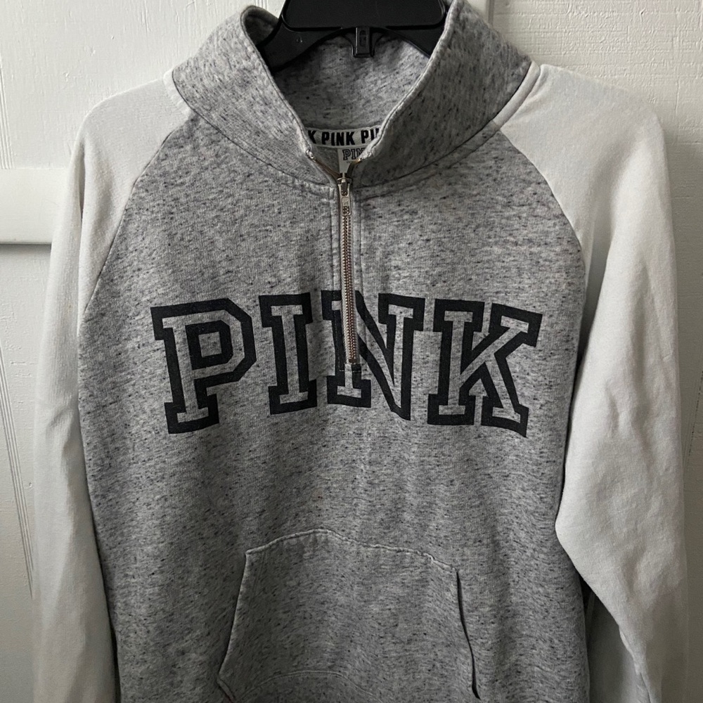 grey and white victoria secret pink quarter zip